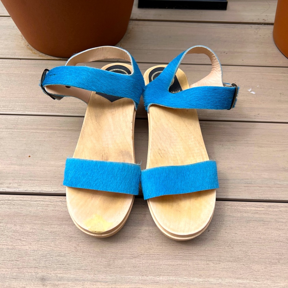 No 6 blue pony hair clog sandals